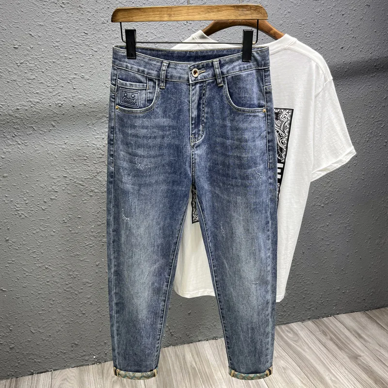 Pantalon en denim imprimé élastique pour homme, pantalon slim, respirant, haut de gamme, tendance, tout match, décontracté, mince, longueur cheville, nouveau, 2021