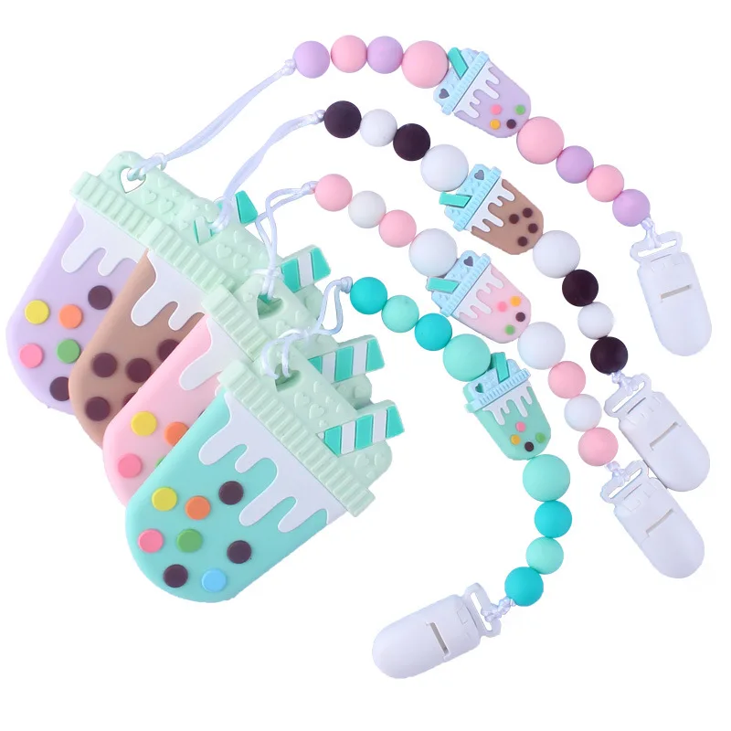 

Silicone Baby Teether Set with Pacifier Chain Baby Pacifier Clip Soft Carton Shape Teething Toy