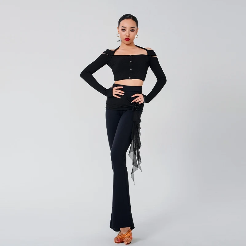 New Latin Dance Dress Female Adult Tango Ballroom Dancer Long Sleeve Top Yoga Skirt Trumpet Pants Samba Practice Wear XH1116