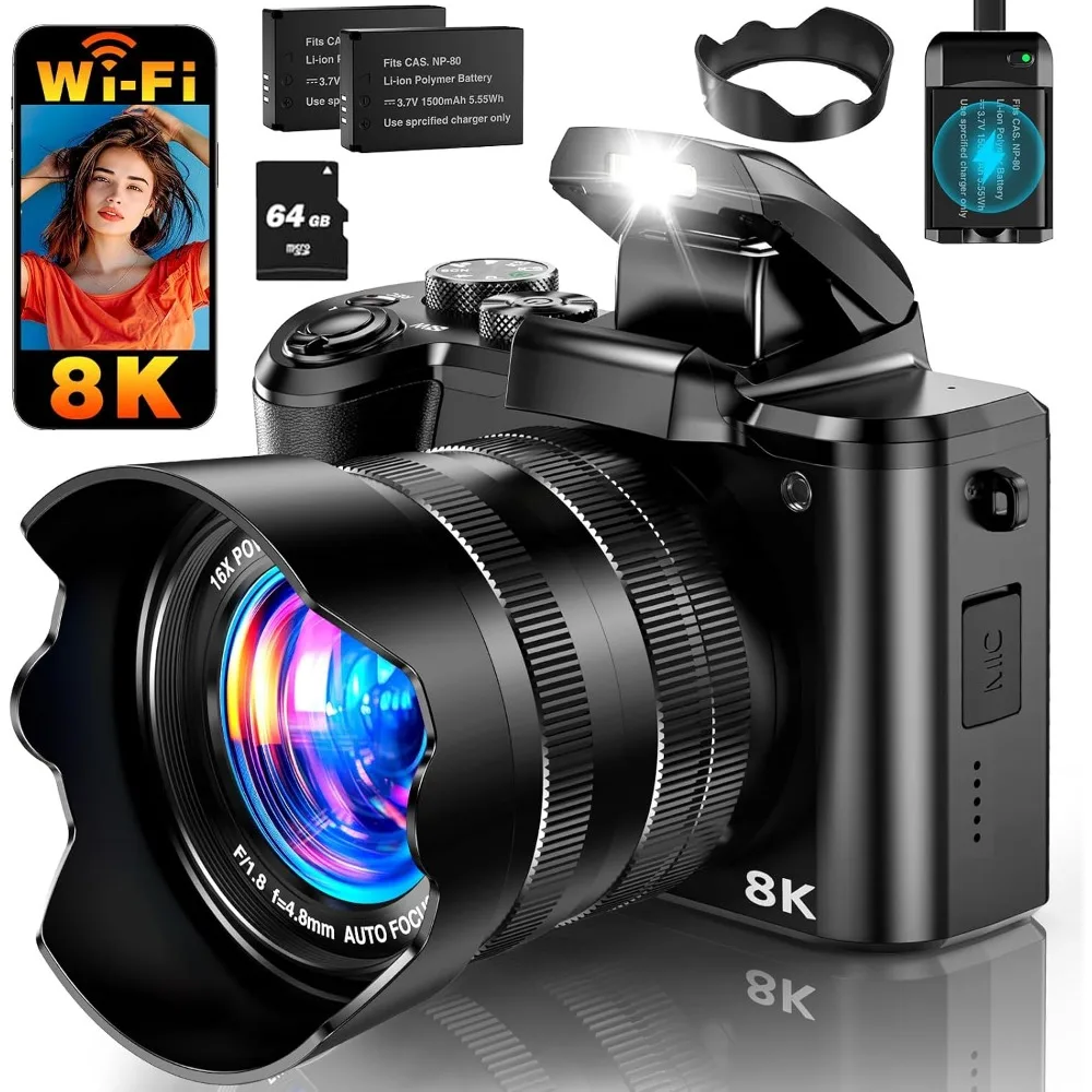 8K 88MP Digital Camera, 3.2" Touchscreen, 16X Zoom, Autofocus, Dual Lens, Anti-Shake, 2 Batteries, 64GB Card, Flash, Lens Hood