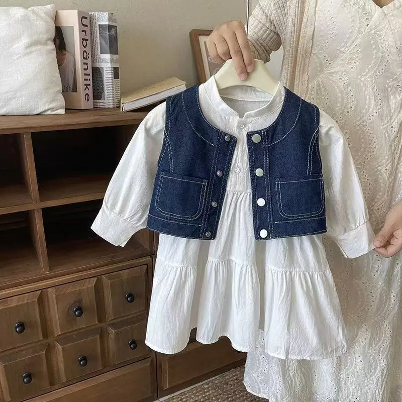 

Baby Girl Dress Spring and Autumn Outfit Set 2026 New Children's Denim Vest+dress Two-piece Set Kids Outfits