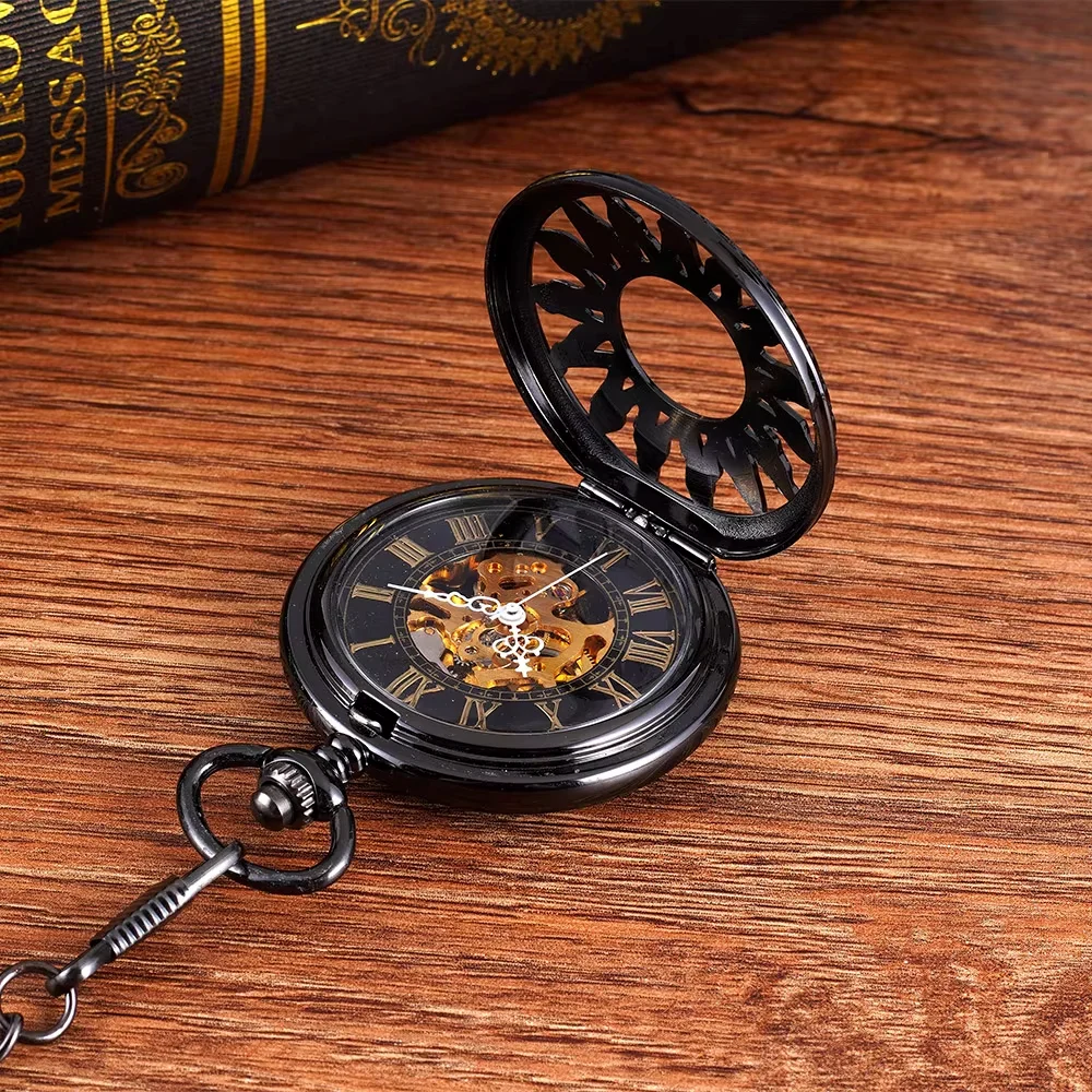 Black engraved engraved sunflower large mechanical retro thick chain pocket watch Roman scale mechanical pocket watch