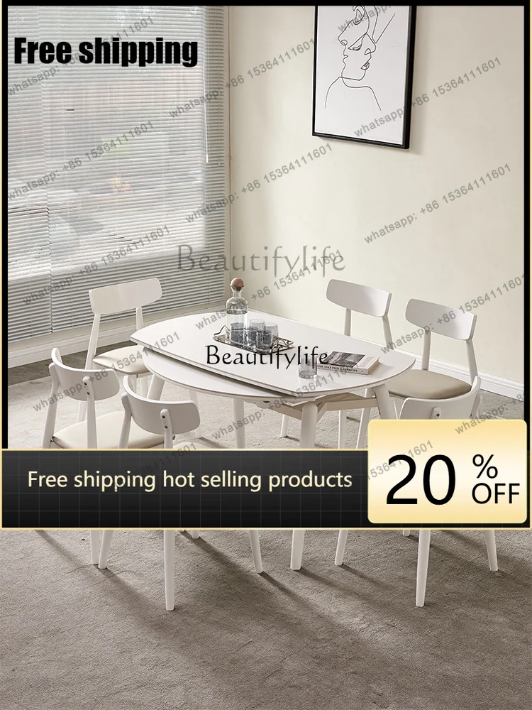 hot Factory Direct French Cream Style White Slate Dining Table Modern Simple Round Retractable