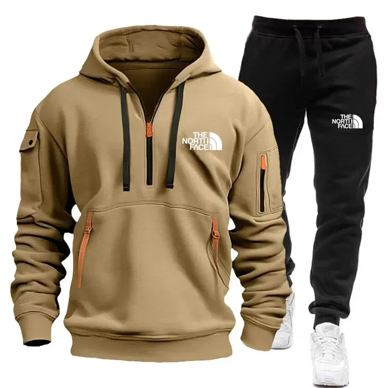 Novos conjuntos masculinos agasalho com capuz calças braço bolso zíper moda casual ao ar livre jogging roupas esportivas masculino designer terno 3xl