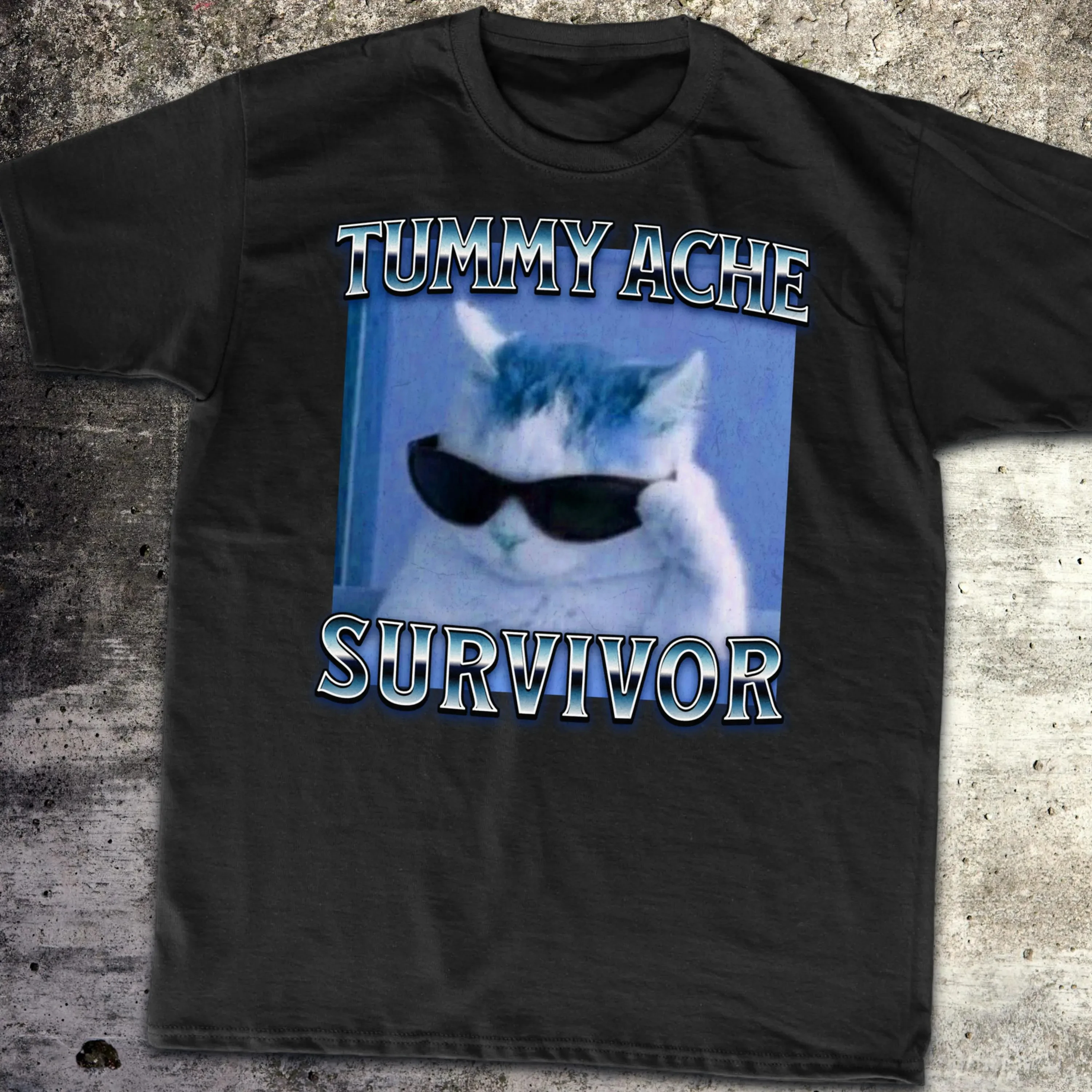 Tummy Ache Survivor Funny Cat Meme T-shirt Gift for Men and Woman Goofy Ahh Cats Tee Shirt Trendy Summer Clothes Ironic T-shirt