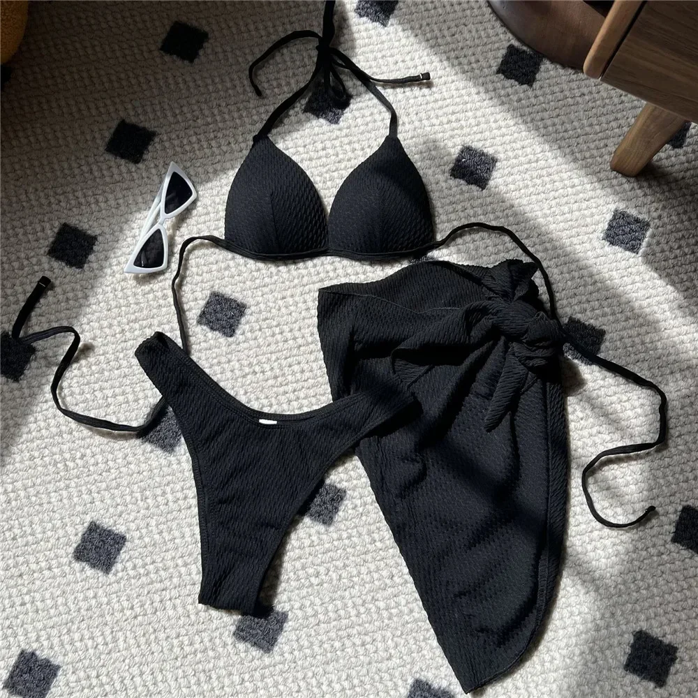 Yellow Push Up Bikinis Sets 3 Pieces Swimwear Cover Up String Halter Sexy Swimsuit Women Beach Swimming Wear Bikinis 2025 Mujer