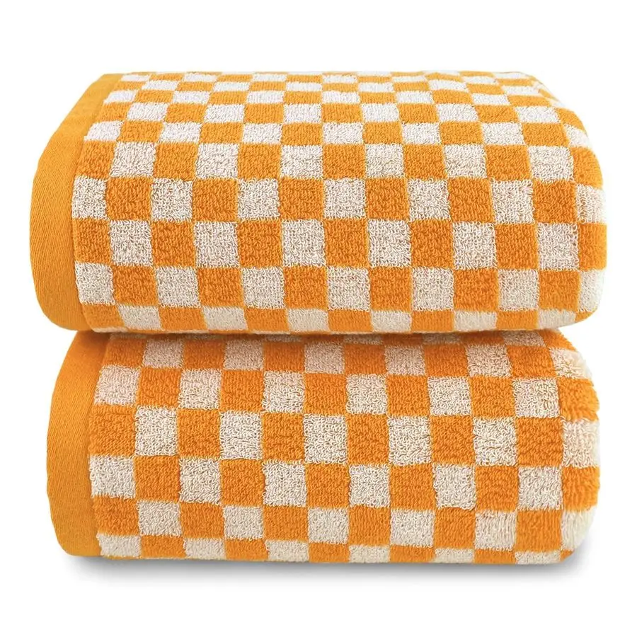 

Orange Shower Towels for Bathroom Set of 2, Cotton Bath Towel Drying Body Hand Face Luxury 480 GSM Medium Thickness Checkered, F