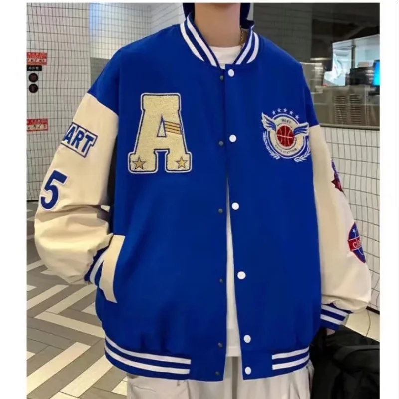 Mens Spring Fall Varsity Jackets Embroidery Korean Fashion Loose Baseball Uniform Couple Blue Retro Leather Sleeve Bomber Coats