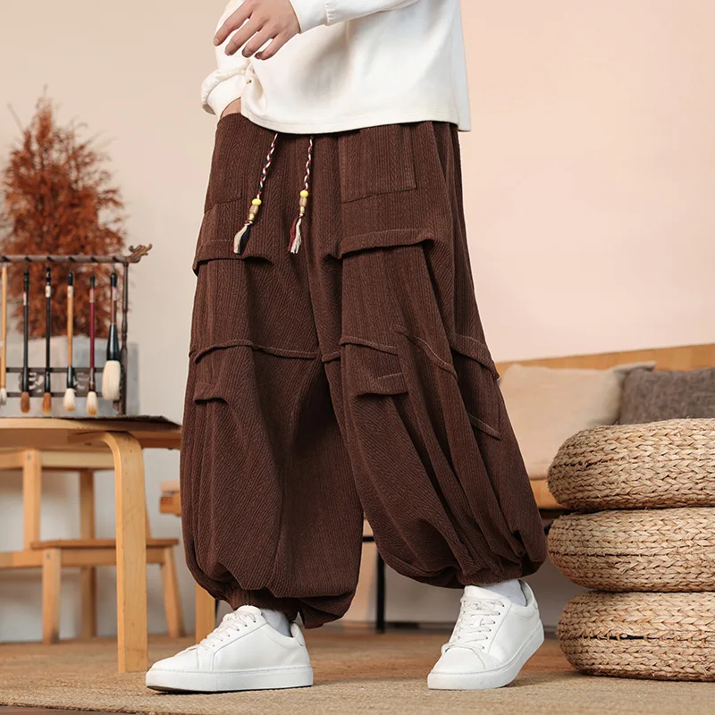 

New Corduroy Wide Leg Pants Men Topstitch Design Pleated Relaxed Fit Trousers New Chinese Style Autumn Winter Retro Bucket Pants