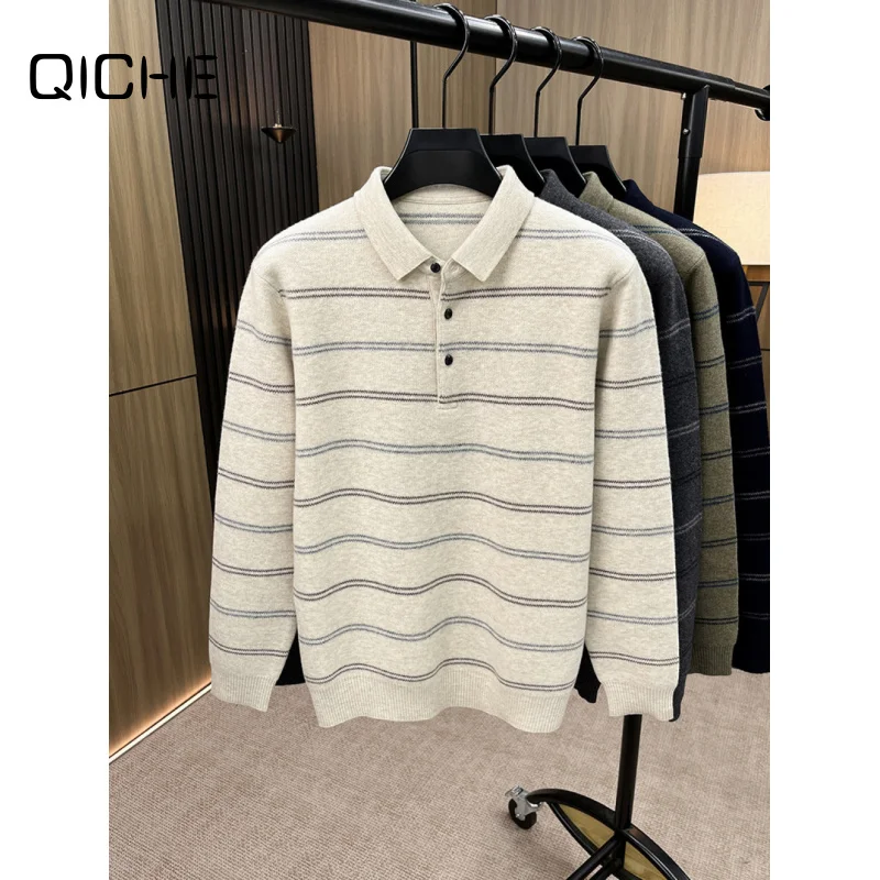 QICHE 2026 New Men Collared 100% Pure Wool Knit Sweater Autumn Winter High End Luxury Warm Casual Base Layer Knit Top