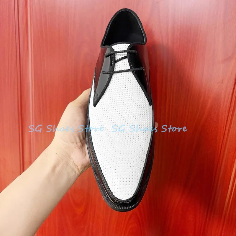 

Black and White Splicing Lace-Up Oxfords for Men Fashion Breathable Pointed Toe Chunky Heel Derby Shoes Male Business Loafers