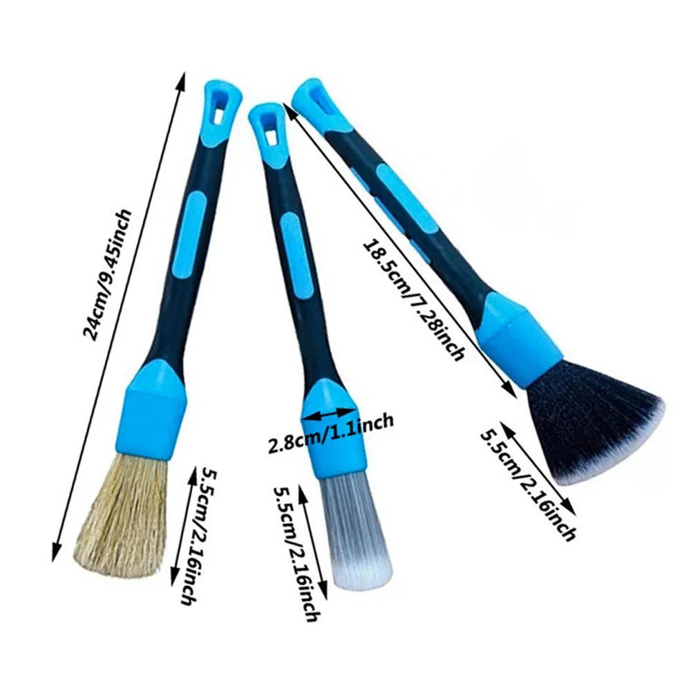 AUTOBRIGHT 3 Piece Car Interior Cleaning Dusting Brush Set Large Soft Brush Medium Boar Bristle Brush Small Polypropylene Brush