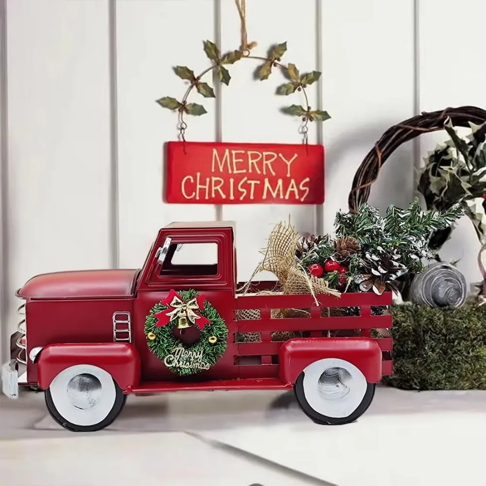 American Rustic Style Red Truck with Christmas Tree Ornament Vintage with Light Christmas Pickup Truck Statue Mini Metal