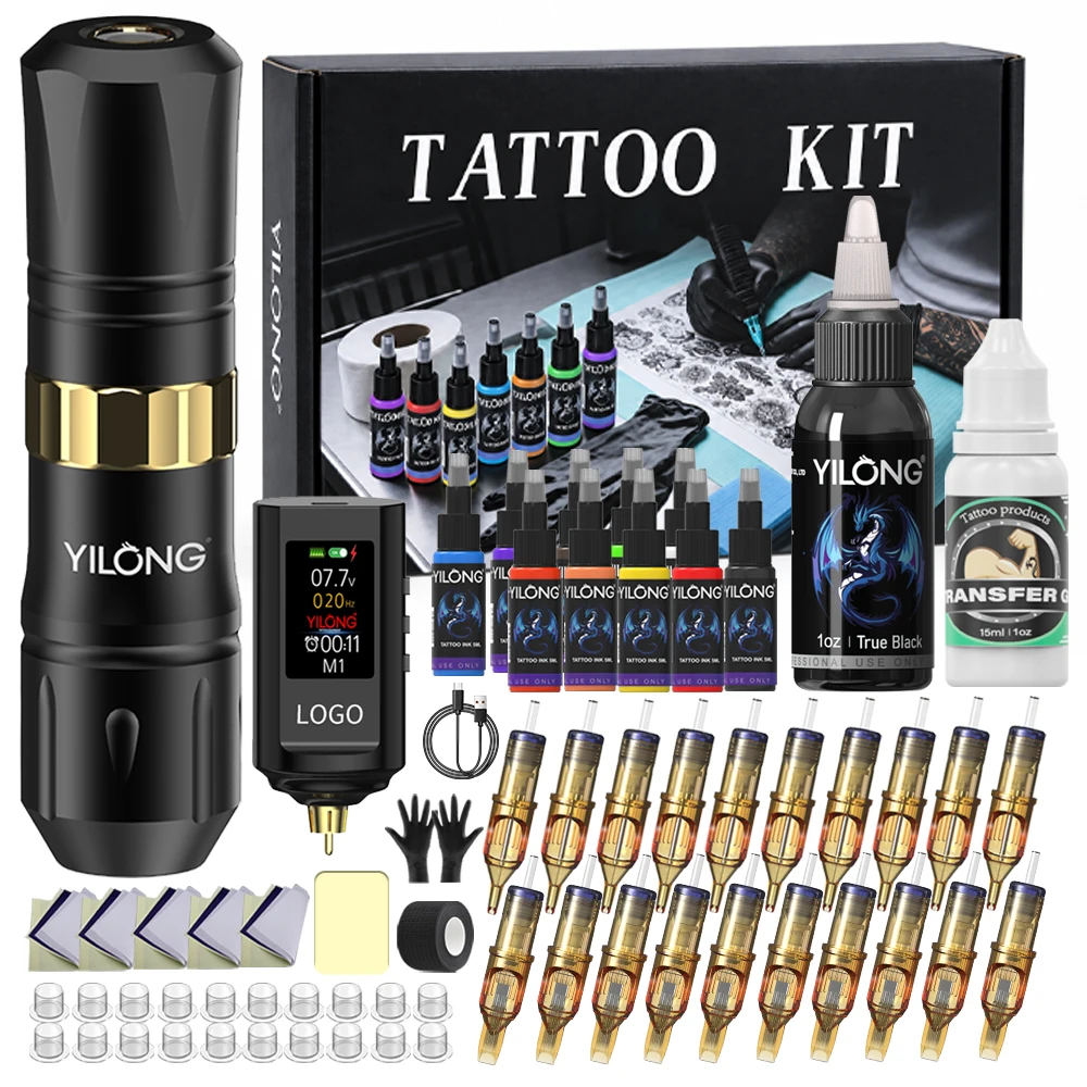 YILONG Tattoo Kit with Color Screen Battery Tattoo Pen Kit for Permanent Makeup Tattoo Machine Kit with Wireless Power Supply