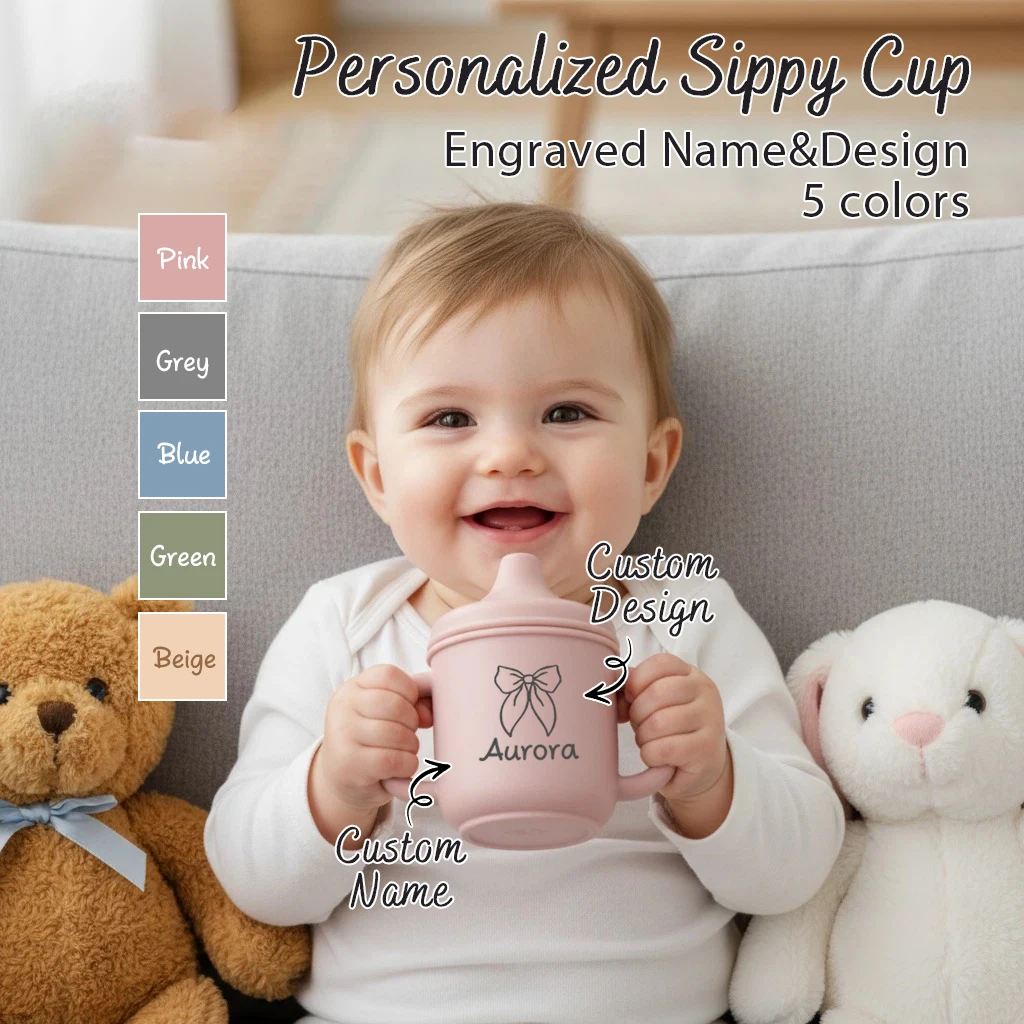 1pc Custom Name Engraved Silicone Double Handle Sippy Cup Personalized Toddler Training Cup BPA Free Kids Baby Shower Gift
