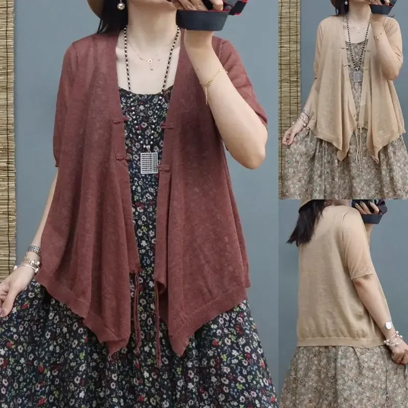 Retro Short-sleeved Thin Ice Silk Knitted Cardigan for Women's Summer New Loose and Versatile Fashionable Small Jacket