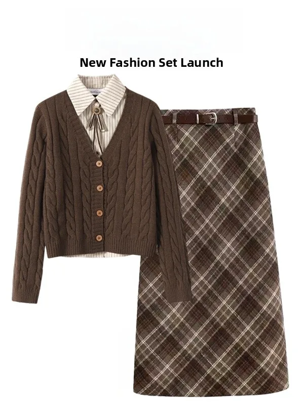 

Autumn Winter College Sle Women's Knitted Sweater And Plaid Skirt Two-Piece Set Vintage Retro Long Sve Collar