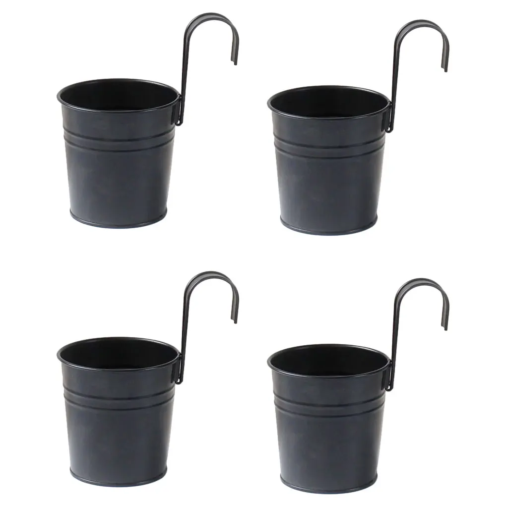 4X Black Metal Hanging Flower Pots with Detachable Hook Storage Bucket Iron Planter Outdoor Indoor Fence Balcony