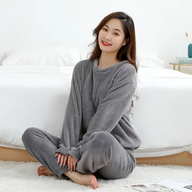 Autumn and Winter Warming Solid Thin Velvet Suit Women Thickened Homewear Coral Fleece Warm Casual Loose Large Size Pajamas