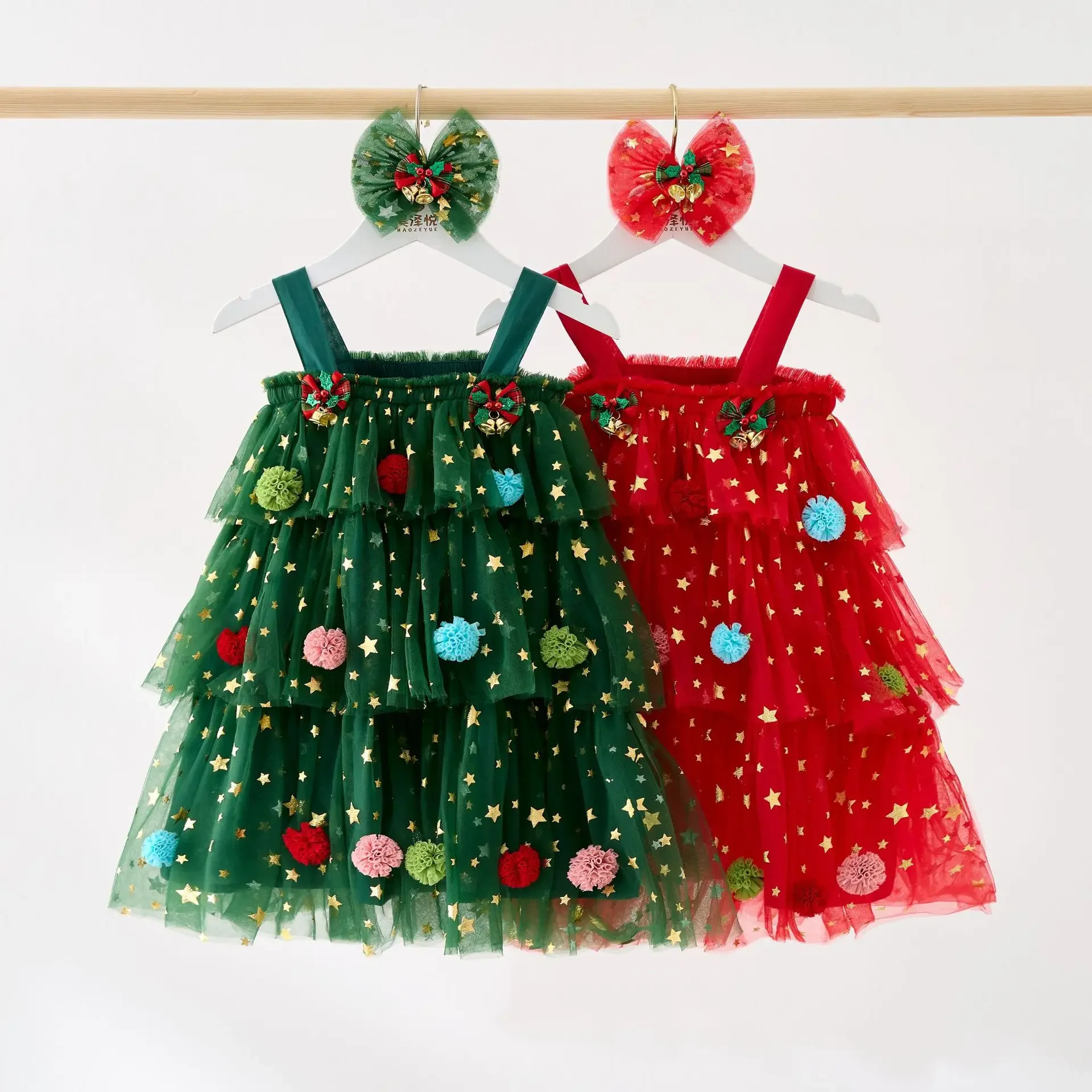 Cute Christmas Kids Girl Mesh Lace Dress Print Sleeveless Layered Tulle Dress Plush Ball Hat Xmas Costume Clothes