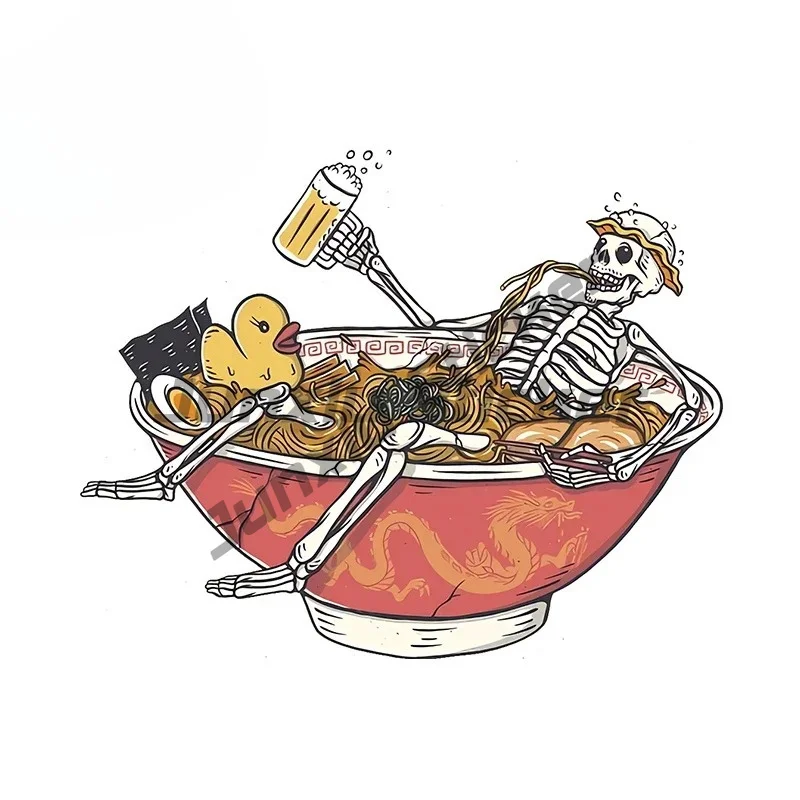 Skull in Lying Noodles Car Stickers Custom  Cartoon Graffiti Foods Interesting Decal Funny Bumper Decoratio