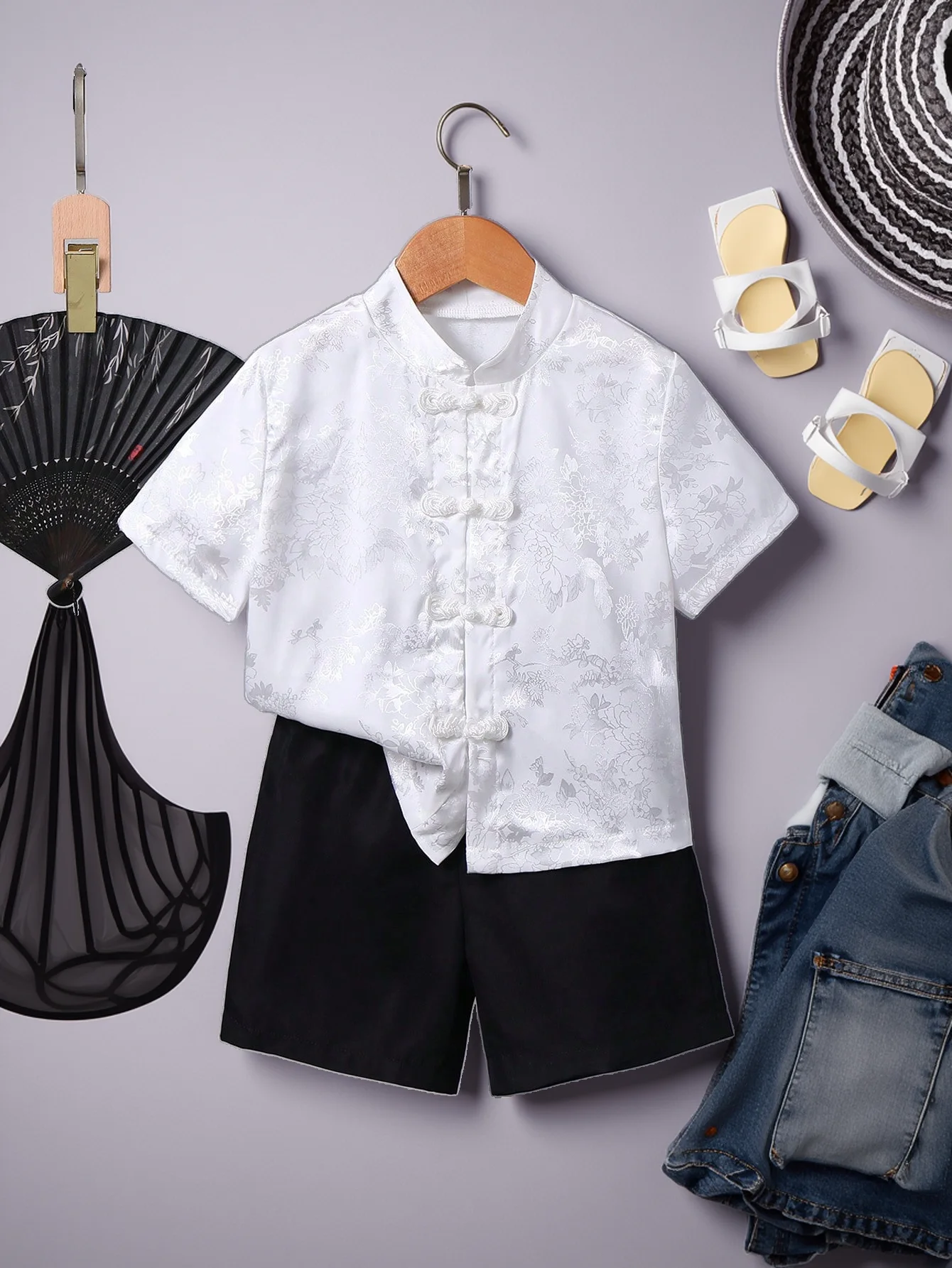 Two-Piece Set for Boys, Daily Casual, Soft, Comfortable, Cool, Breathable, Contrasting Color, Chinese Style Han Dynasty, Handsome and Cool Disc Buckle Suit