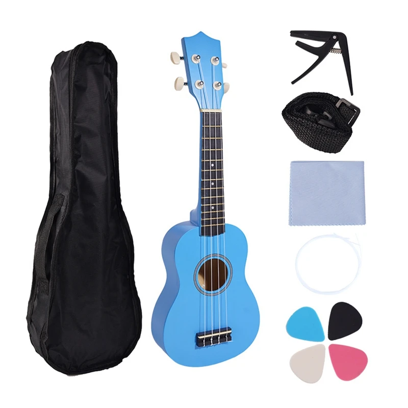 

21 Inch Ukulele Set For Beginners 4-String Small Guitar Basswood Ukulele With Carry Bag Clip And 4 Picks-Blue Easy To Use