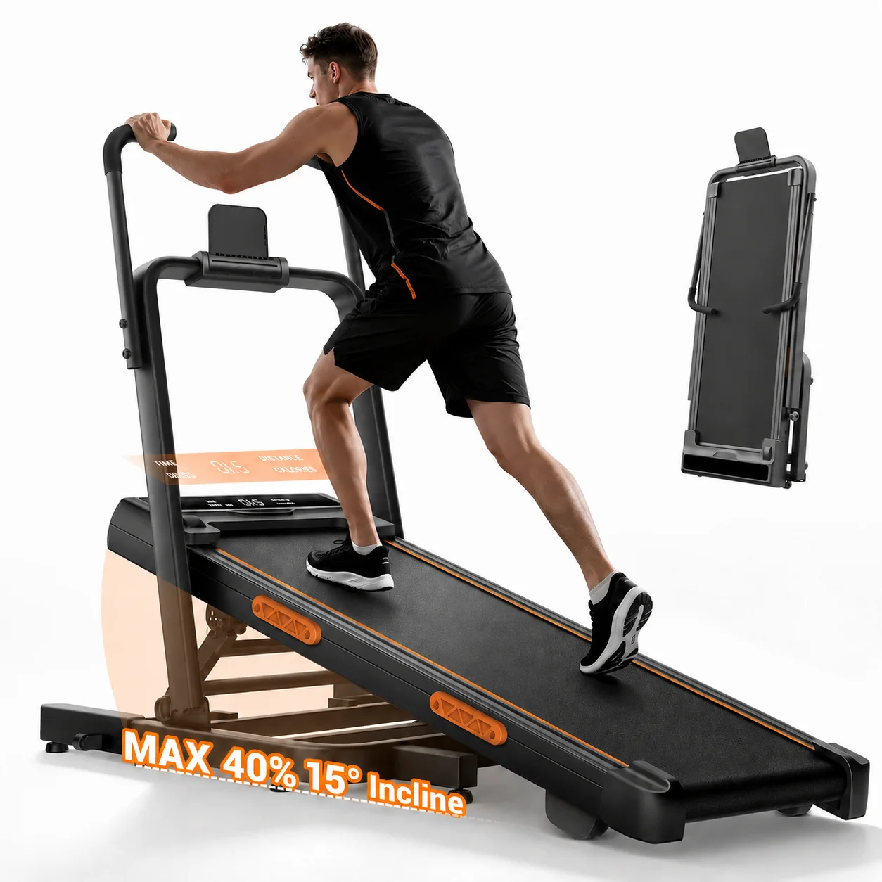 LYHER X5FD Klappbares Laufband mit 15 °   40% Steigung, Erhöhte Doppelhandläufe, Tragbares Lauf- und Gehgerät mit LED-Display und Tablet-Halterung für große Benutzer, Fitness-Workout für Zuhause