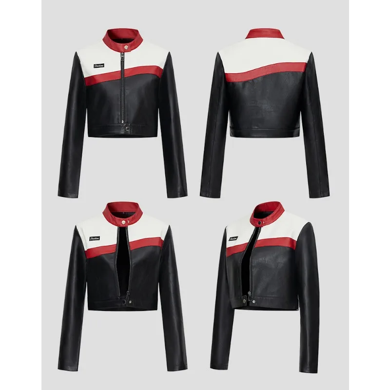 Women Faux Leather Jackets Patchwork Motorcycle Suit  Aviator Jacket Short Version Coat Leather Jacket Handsome Oversized Skinny