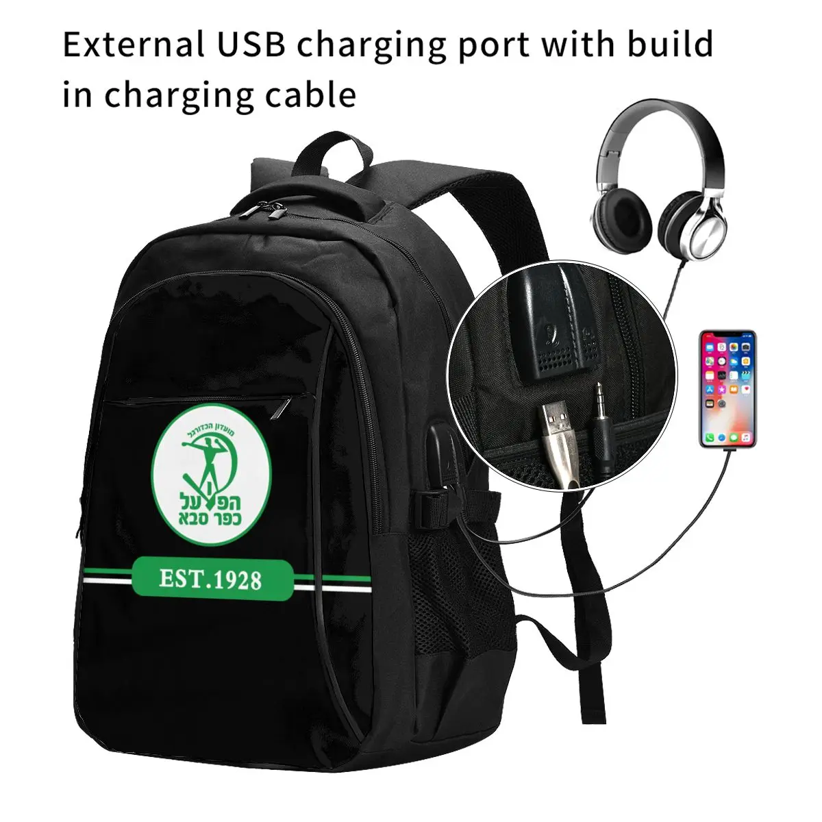 Israel Hapoel Kfar Saba Fc Large Durable Travel Laptop Backpack Water Resistant Bag with USB Charging Port Business Daypack