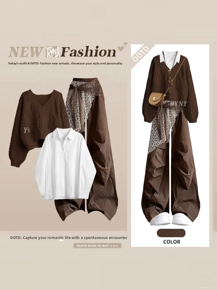 

Женский комплект: вязаный свитер с V-образным вырезом и узором косы, повседневные брюки с высокой талией и длинными рукавами, весенний, из двух предметов