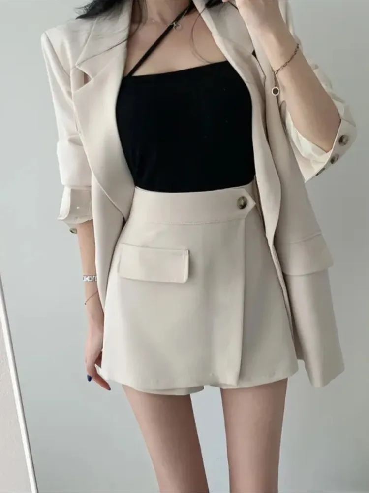 Women Vintage Solid Chic Blazer Skirts Suit Summer Casual Elegant Business Coat Mini Saya Outfits Female Formal Two Pieces Set