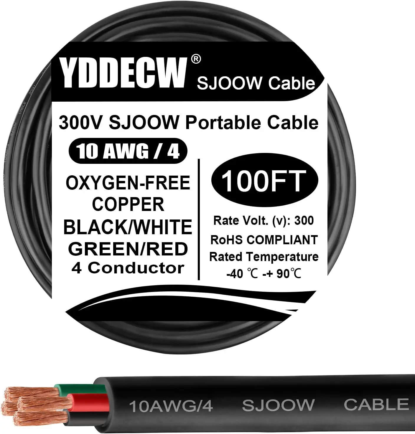 

Кабель электрический переносной 100 футов (30,5 м) 10/4 SJOOW 300В для подключения двигателей, освещения, зарядных устройств - 4-жильный провод