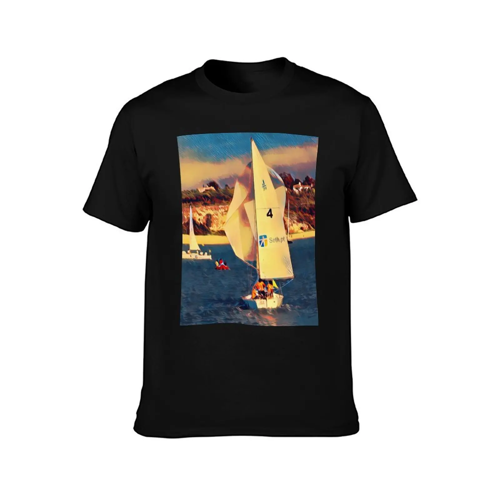 Sailing boats sailing at sea with their sailors near the coast. T-Shirt Sweat Resistant Workout Tee Shirt T-Shirt