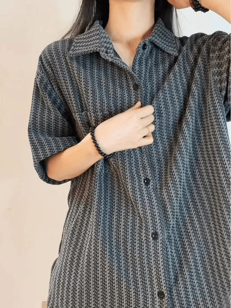 Fishbone Pattern Casual Short Sleeve Men's Shirt Heavyweight Loose Outerwear American Style Lightweight Summer Fashion