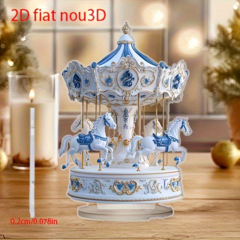 Flat Blue Gold Carriage Figurine Floral 2D Acrylic Design Rotating Horse-Drawn Home Office Elegant Multi-Functional Artwork Gift
