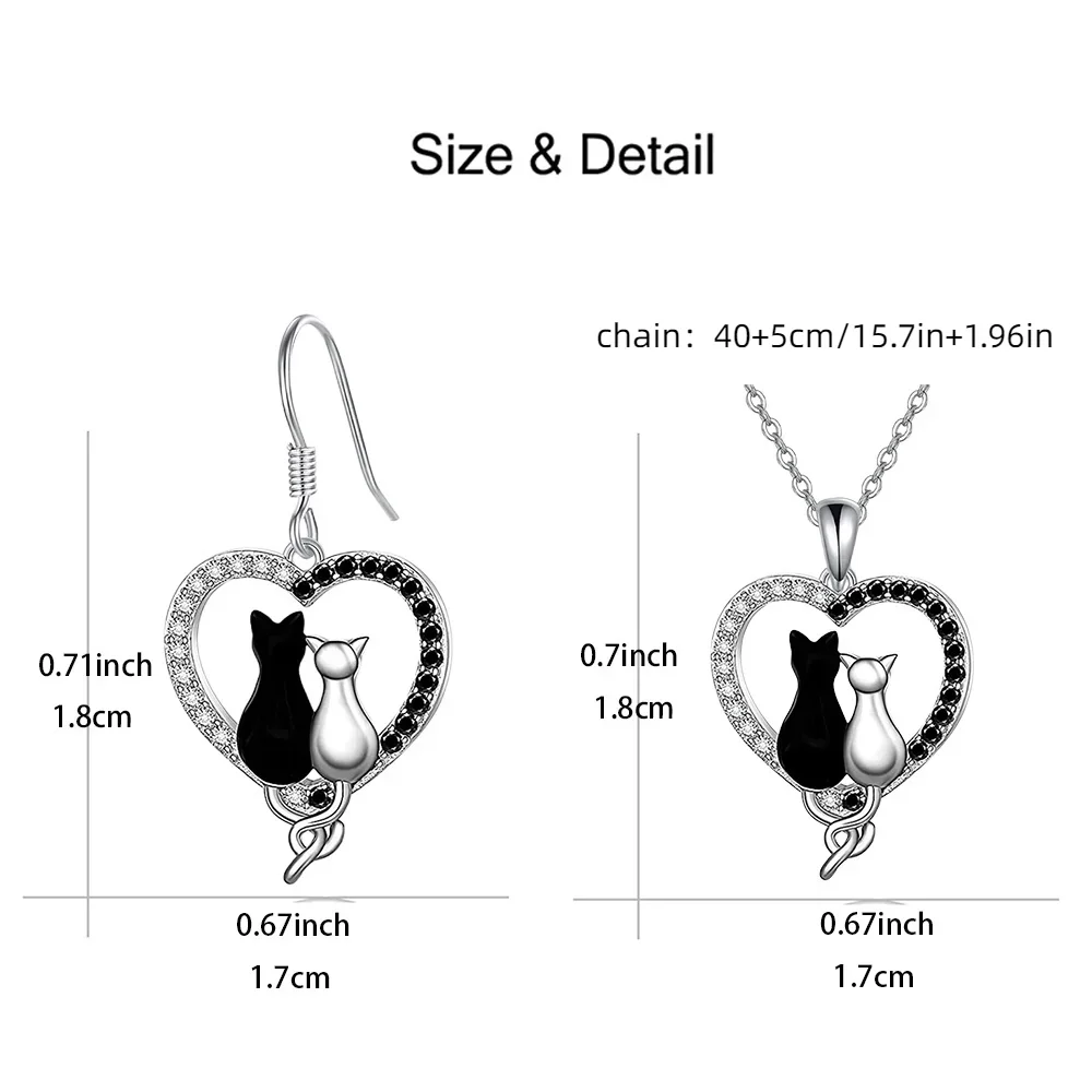 3pcs, Cute Black Cat White Cat Heart-shaped Necklace Earrings SetBirthday Christmas Gift Anniversary Party Giftsin A Niche Style