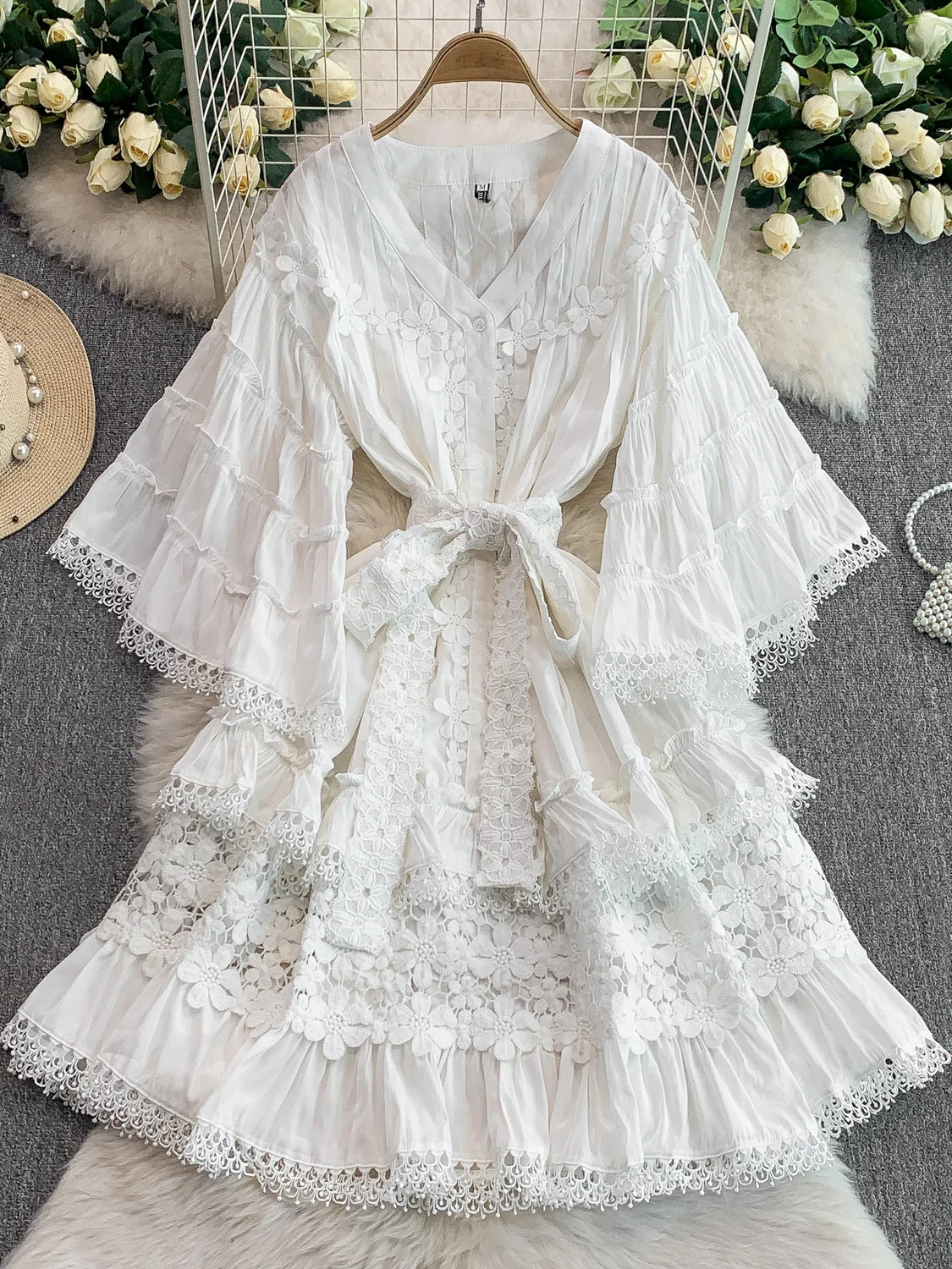 Vestido Retro com Decote em V e Mangas Sino, Saia em Camadas de Cintura Alta, Vestido Curto de Manga Longa Estilo Coreano