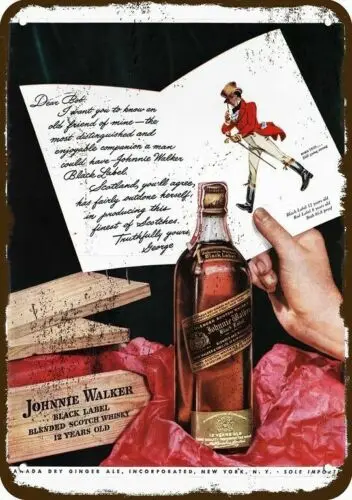 1n,1942 JOHNIE WALKER Black Whisky Vintage-Look ** علامة معدنية نسخة مزخرفة **