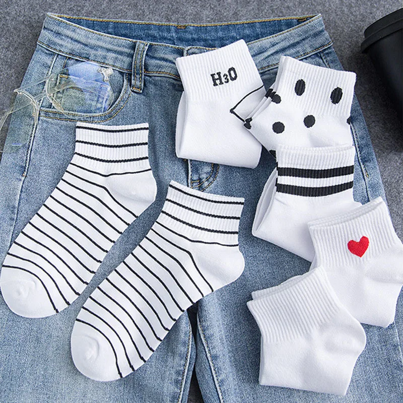 5 Pairs/Lot Women's New Cartoon Breathable Socks Japanese Thin Section Summer Striped Love Cotton Socks For Women Stocking