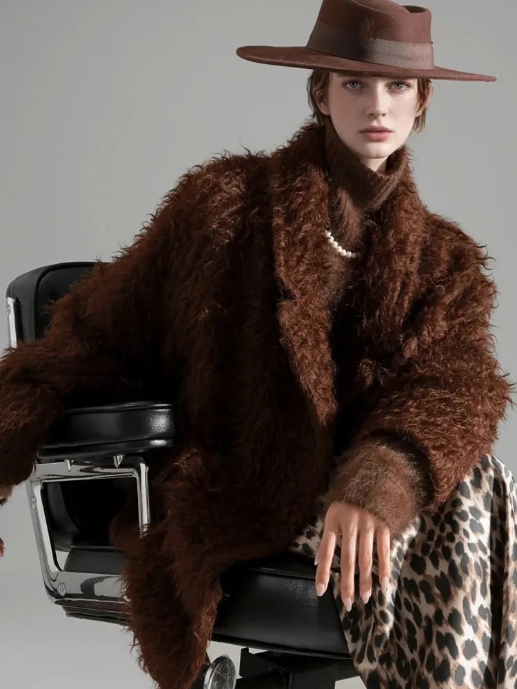 Damski luksusowy płaszcz z mieszanki moheru, wełny i kaszmiru, dwurzędowy, z kołnierzem garniturowym, luźny, ciepły płaszcz na jesień i zimę, jednolity kolor.