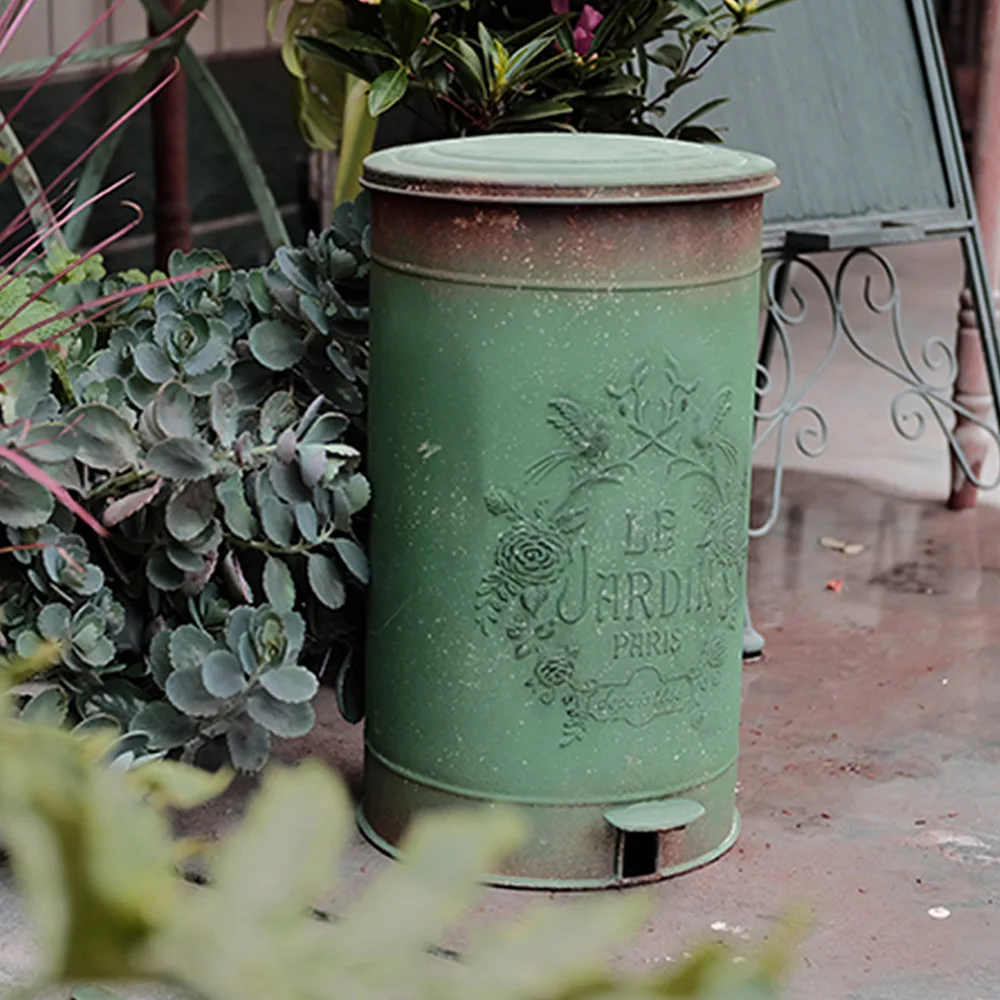 Trash Can Metal Rubbish Wastebasket Round Foot Pedal Garbage Container Bin Green Outdoor Small Office Trash Can for Kitchen