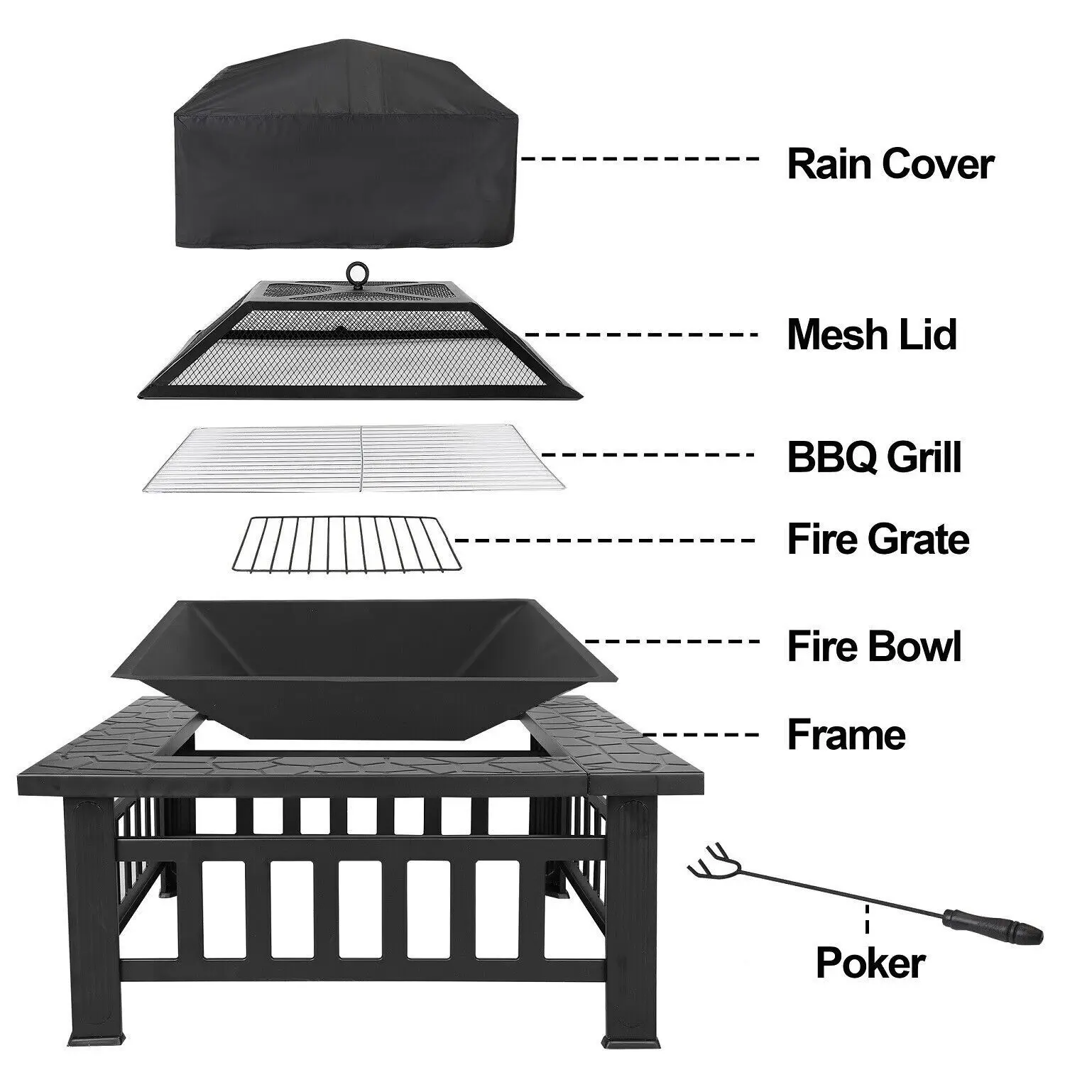 

32 Inch Square Fire Pit for Outdoor Patio Backyard Garden Fireplace Stove with Cover Heavy Duty Steel Smokeless Firepit for