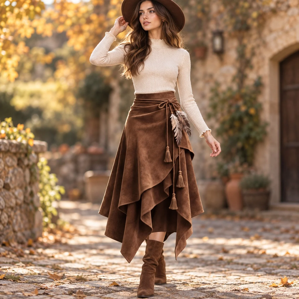 Tie Asymmetrical Hem Skirt a Line Retro with No Stretch Ethnic Tribal Maxi Length Heat Set Finish Midi Length Autumn Women Skirt