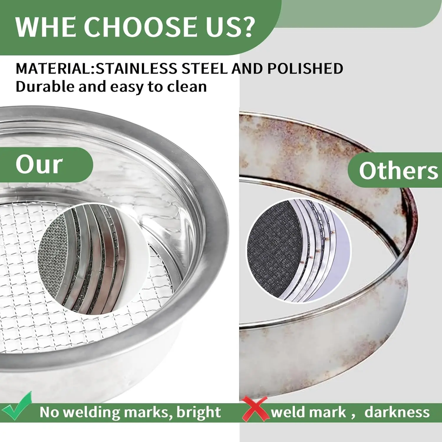 Ensemble de tamis à sol, tamis à sol de jardin, tamis à mailles en acier inoxydable, tamis à poteaux avec maille de tamis de 1,3,6,9,12mm et cuillère à sol pour bonsaï