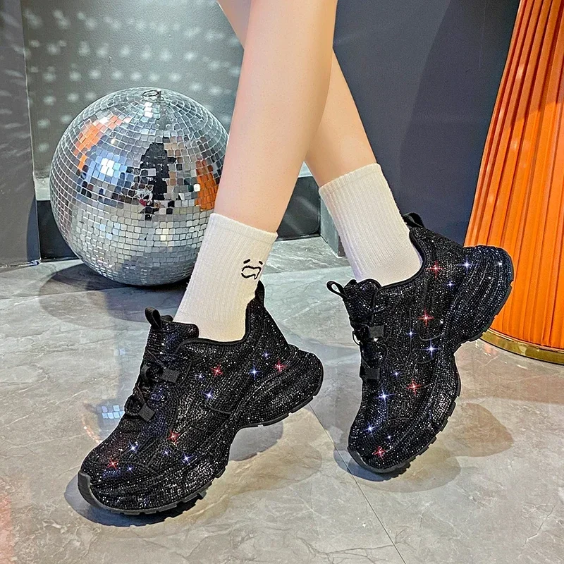 Women Sneakers Spring Lace-Up High Heel Platform Lace Up Silver Crystal Casual Working Shoes Wearing night running shoes outside