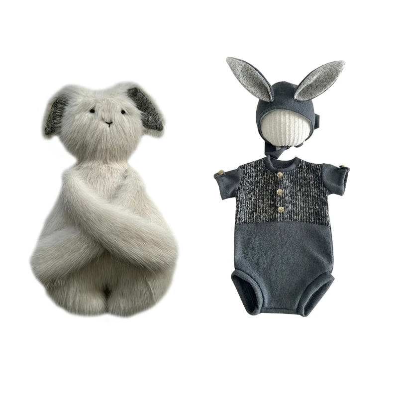 

Baby Photo Props Bunny Costume Romper Hat Plush Rabbit Newborn Photo Props Photography Clothes Posing Mat