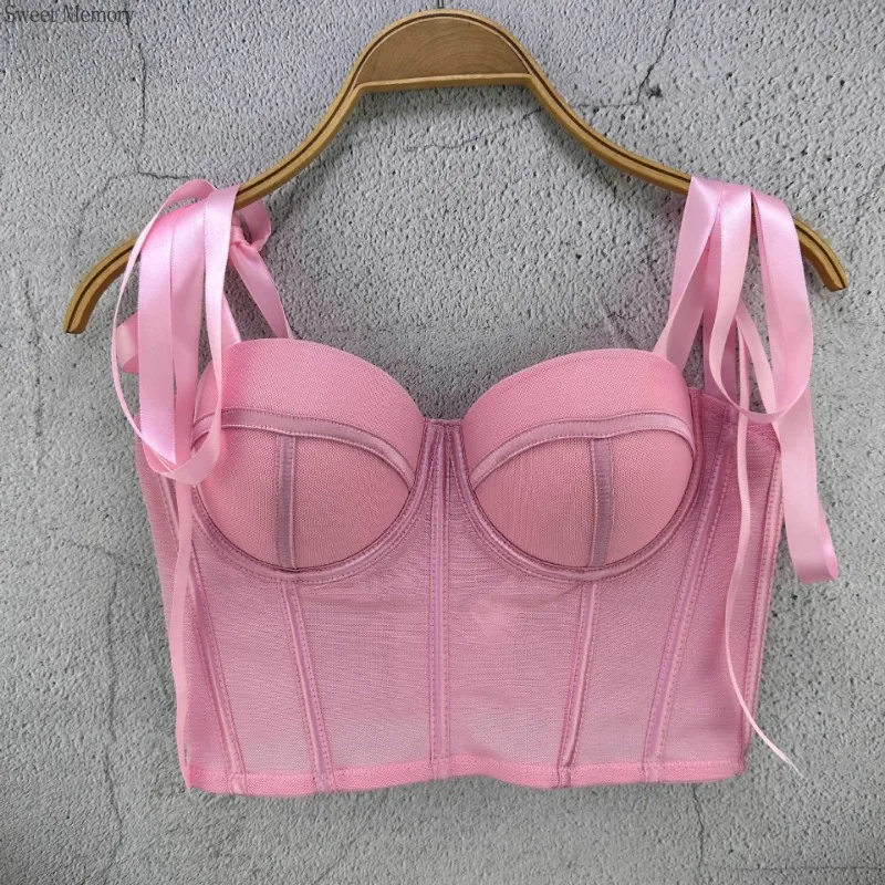 M538 Sujetadores rosas, blancos, rojos y negros para niña y mujer, corsé con cinta Sweet Memory 2025, chaleco camisola, prendas de vestir exteriores para mujer, Tops sin tirantes de malla