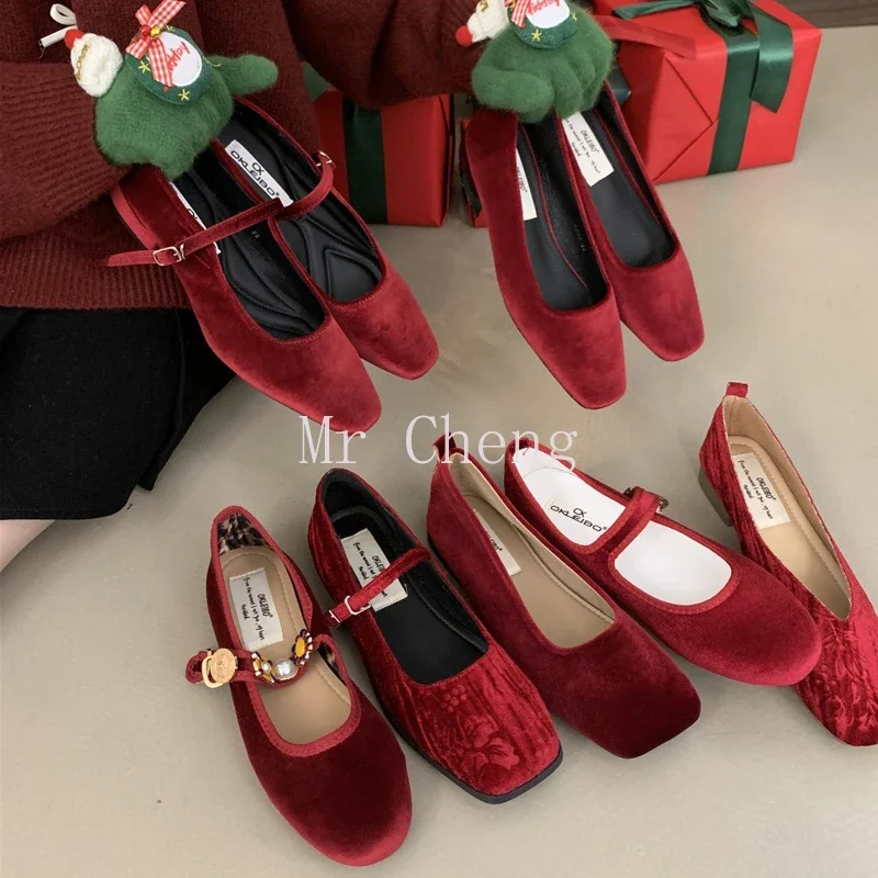 

Red Mary Jane Ballet Flat Office Shoes for Women Work Shoes Comfortable for Work Suede Jeweled Sexy Flats