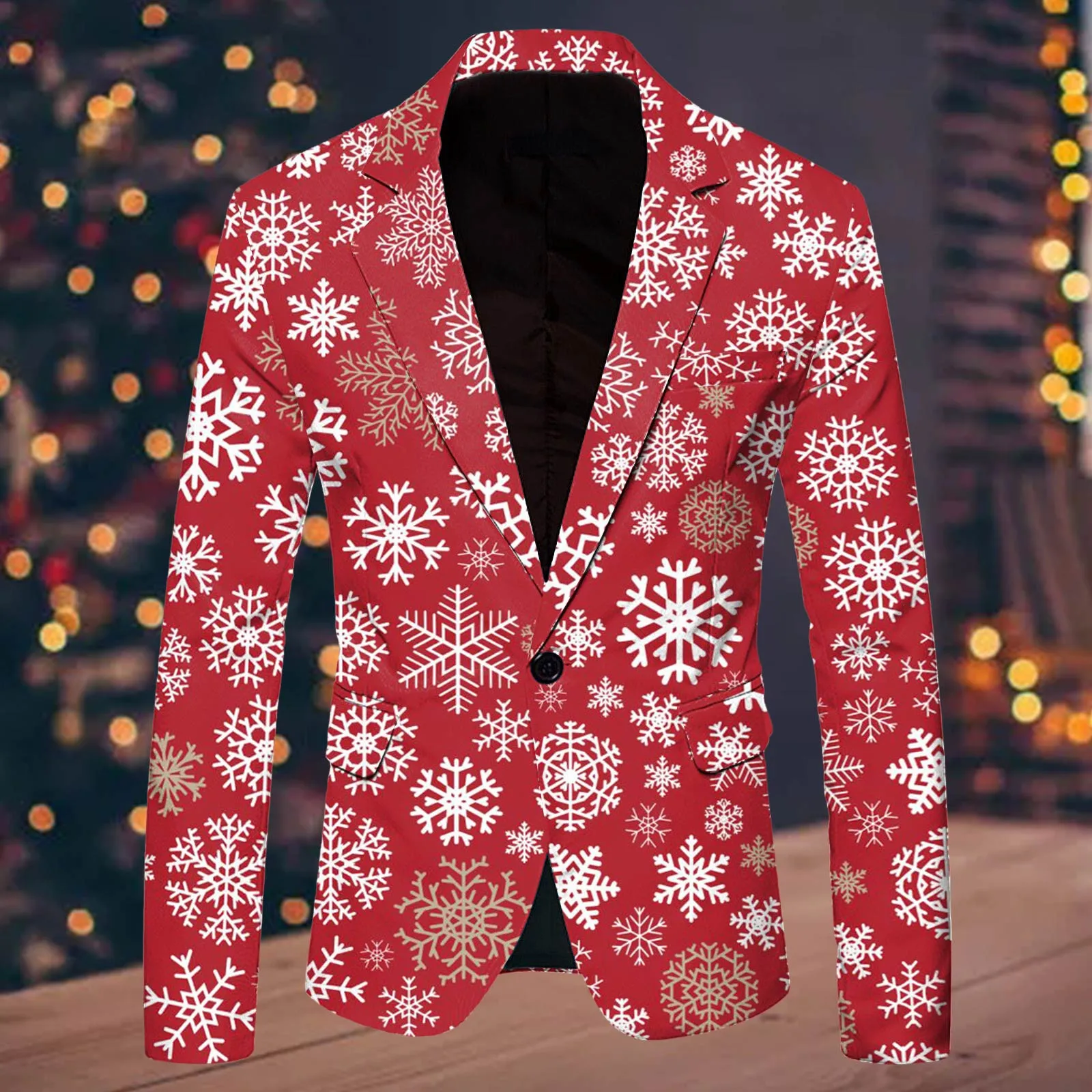 Snowflake Pattern Christmas Blazer Jacket Men Fashion Leisure Christmas Printed Pocket Singel Button Jacket Mens Party Clothing